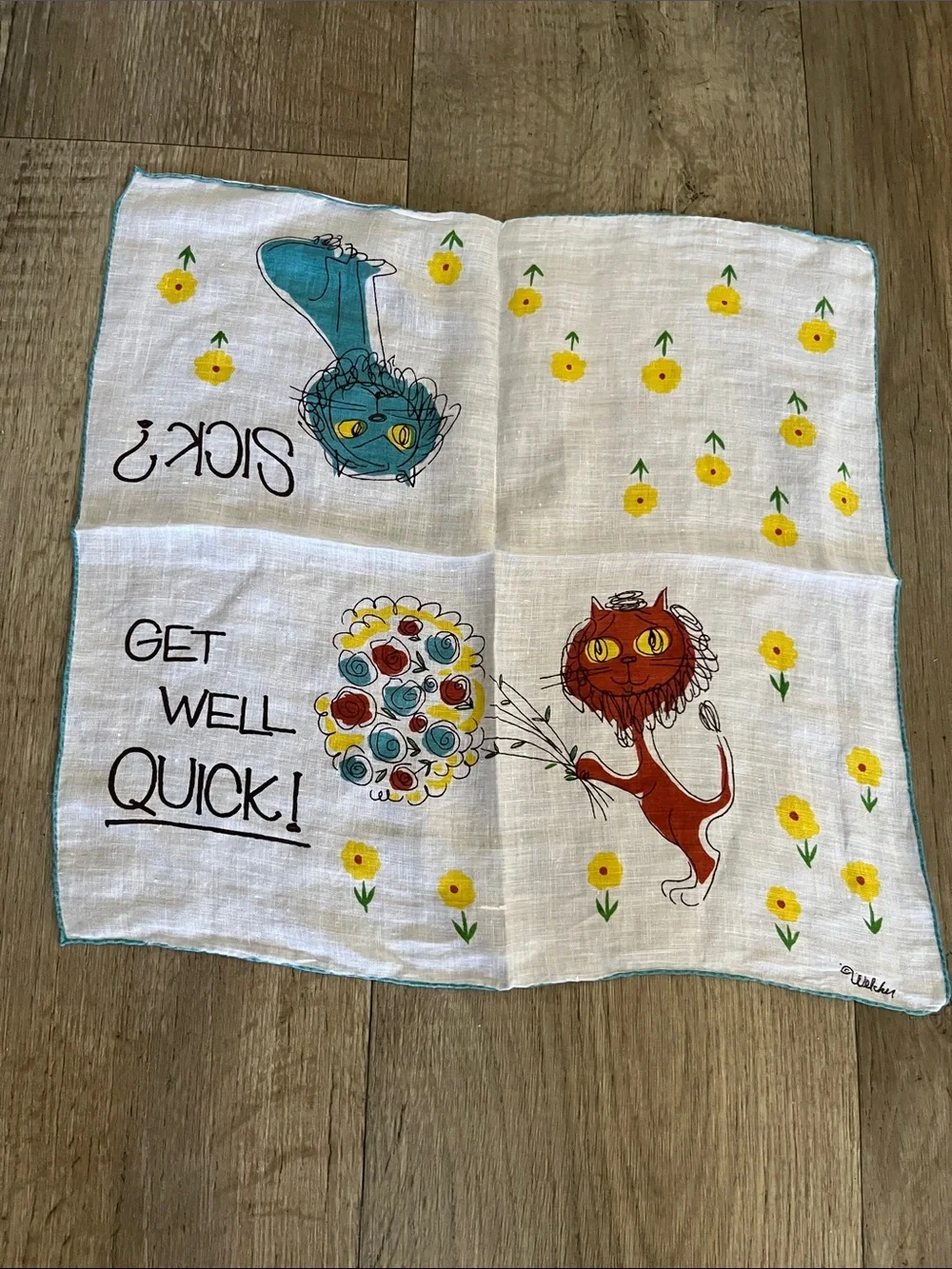 RARE Vintage Get Well Quick! Printed Handkerchief with Colorful Cats by Welcher